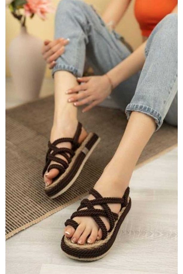 Unisex Kahve Halat Ipli Yüksek Taban Hasır Sandalet - 2
