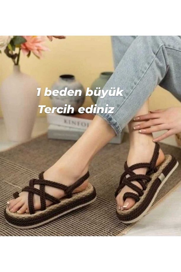 Unisex Kahve Halat Ipli Yüksek Taban Hasır Sandalet - 1