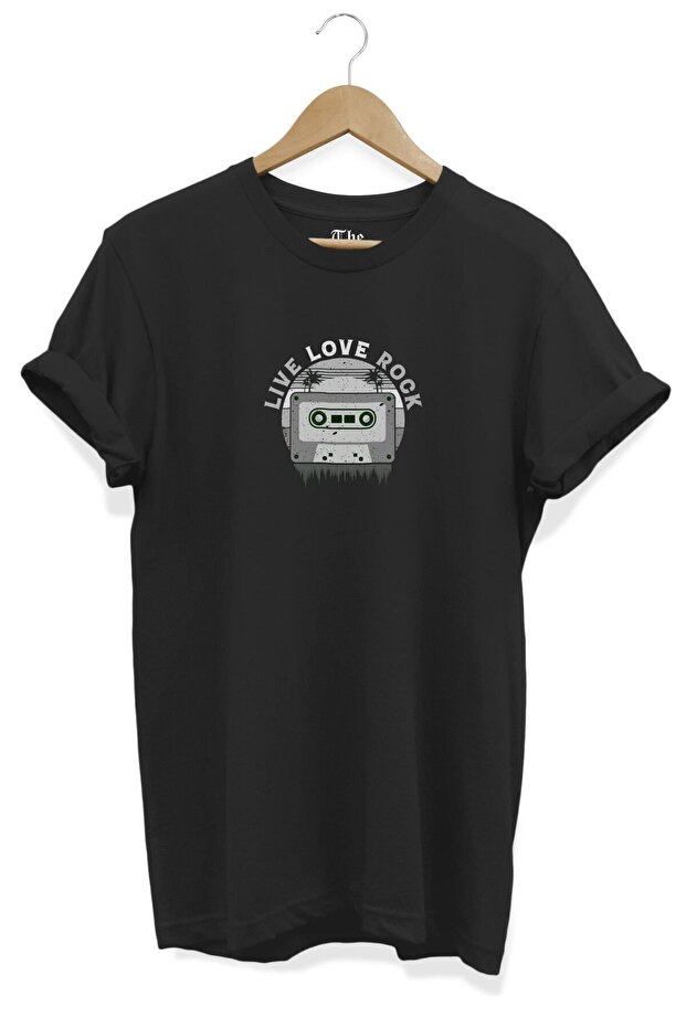 Black Unisex Love Rock Black-white Printed Black Short Sleeve T-shirt
