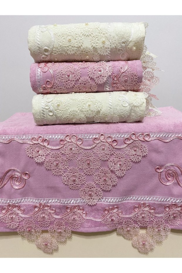 50x90 Set of 4 100% Cotton Velvet Needle Lace Lace Motif Towels