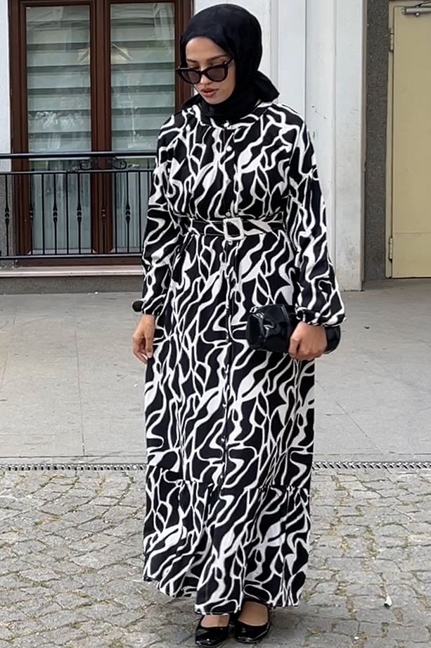 Kadın Mavi Ekru Desenli  Oversize Kemerl Yazlık Viskon Elbise - 1