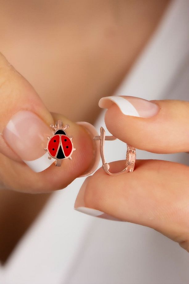 Uğur Böceği Gümüş Çocuk Küpesi Klipsli Model Mineli (2 - 8 YAŞ) - 1