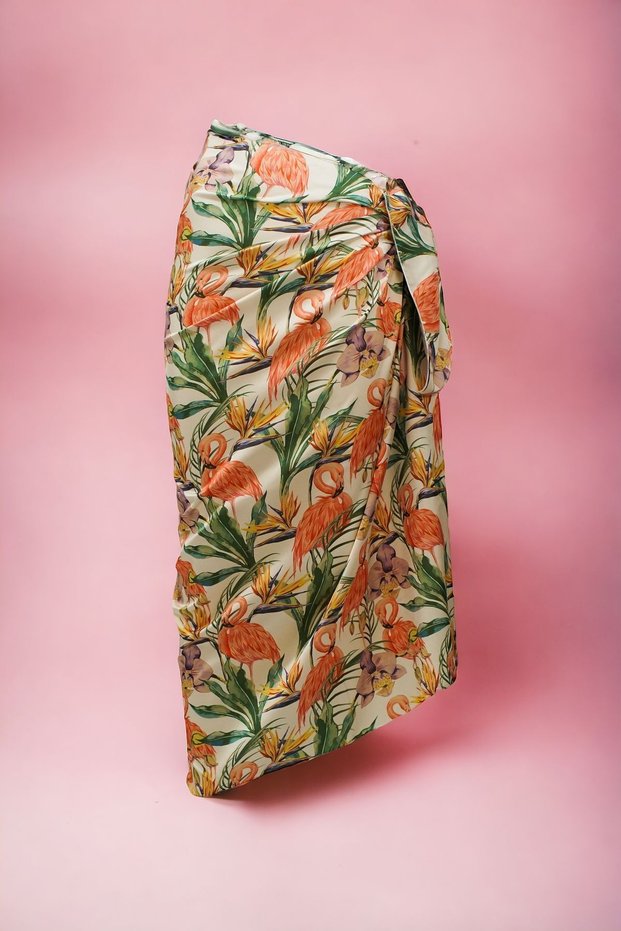 Cream Tropical Orange Swan Patterned Long Pareo Satin Women's Beach Dress New Season