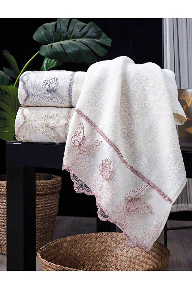 Butterfly Laced 3-Piece 100% Cotton Dowry 50X90 Hand and Face Towel Set