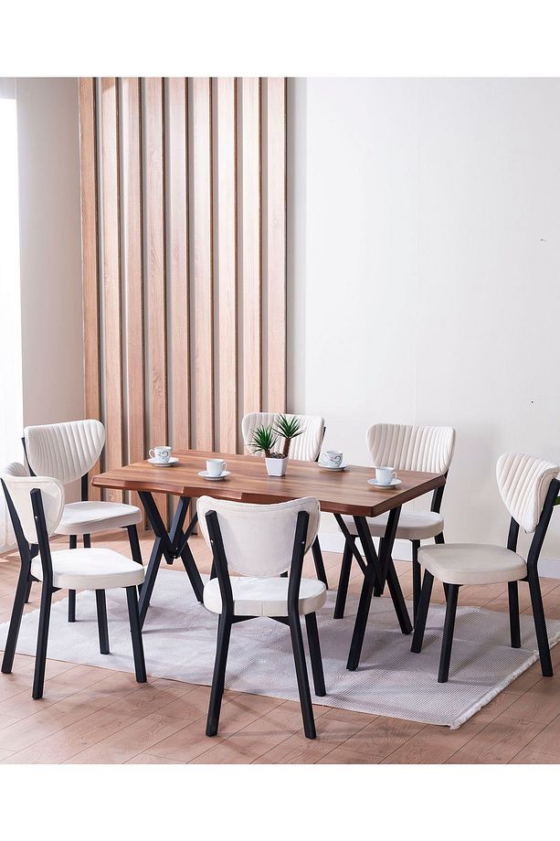 Kütük Desenli MDF Elma Mutfak Masa Takımı 6 Sandalyeli Salon Yemek Masa Takımı - 1