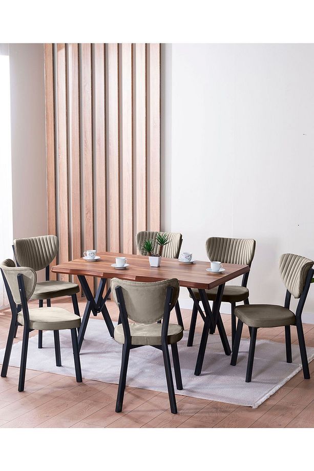 Kütük Desenli MDF Elma Mutfak Masa Takımı 6 Sandalyeli Salon Yemek Masa Takımı - 1