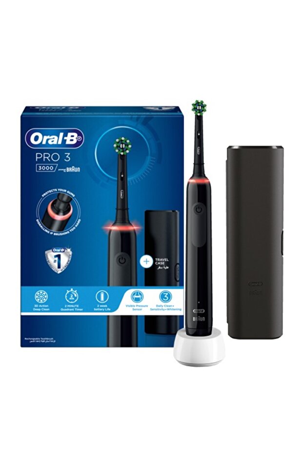 Oral B PRO 3 -3000 Oral B Power فرشاة أسنان سوداء + حقيبة سفر، مستشعر ضغط مرئي - D505.513.3X
