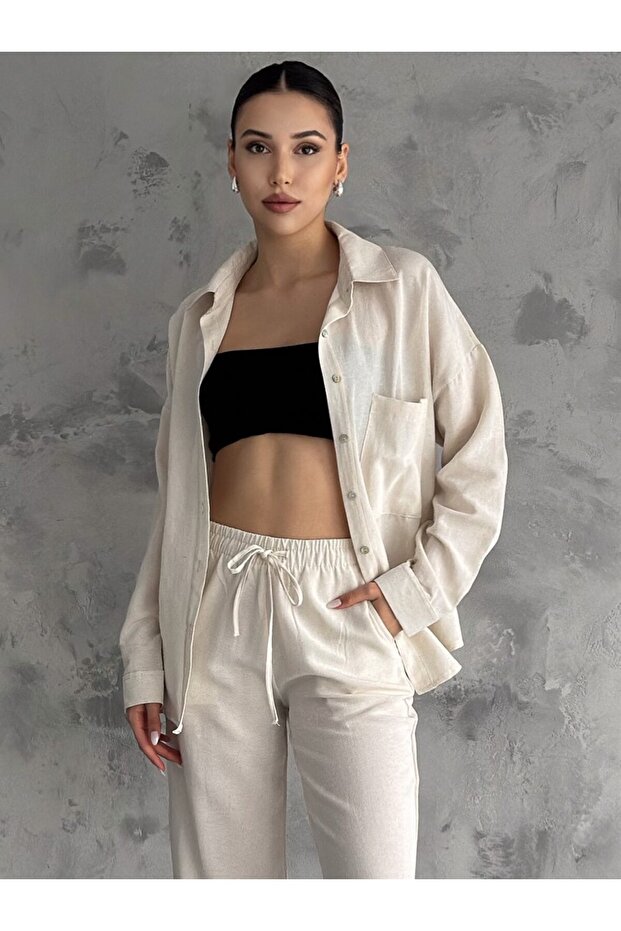 Stone Color Alaçatı Style Linen Blend Shirt