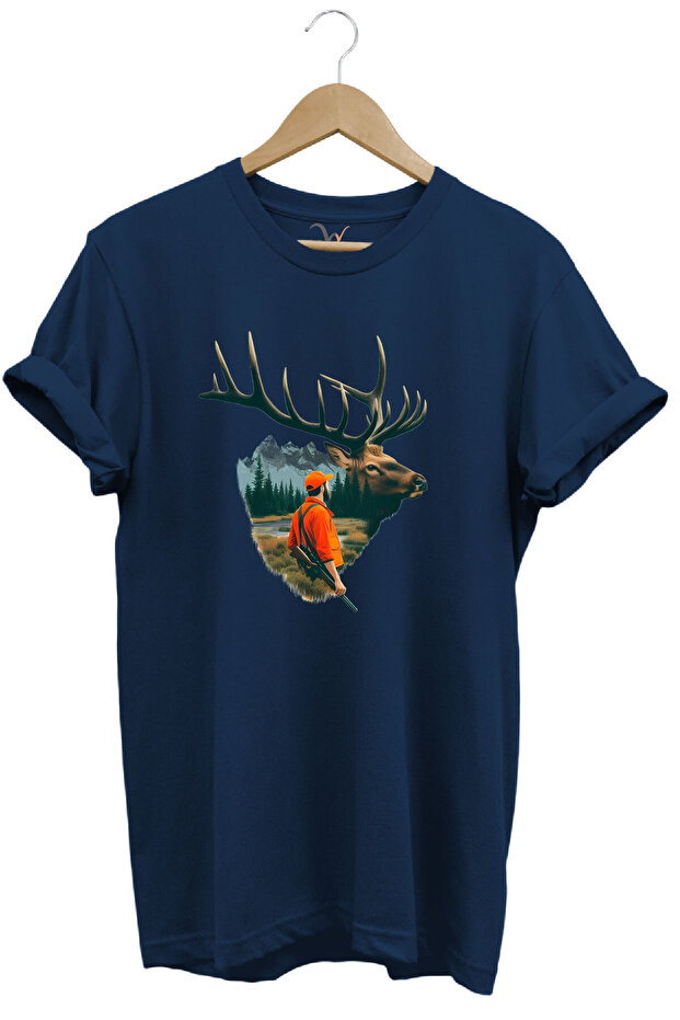 Nature Hunting Deer and Hunter Theme Printed 100% Cotton Navy Blue T-Shirt