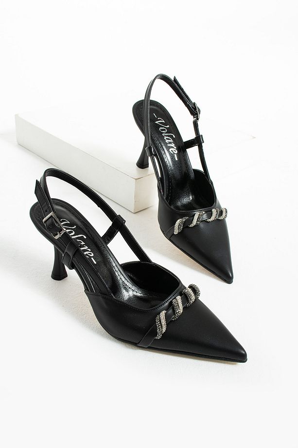 Kadın Siyah Cilt Şık Tokalı  9cm Topuklu Arkası Açık Stiletto  Pera - 5
