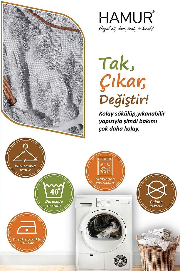 Yıkanabilir Puf Tabure Kılıfı Tak-Çıkar-Değiştir-Yenile Orta Sehpa Kılıfı By Zigzag Gri - 4