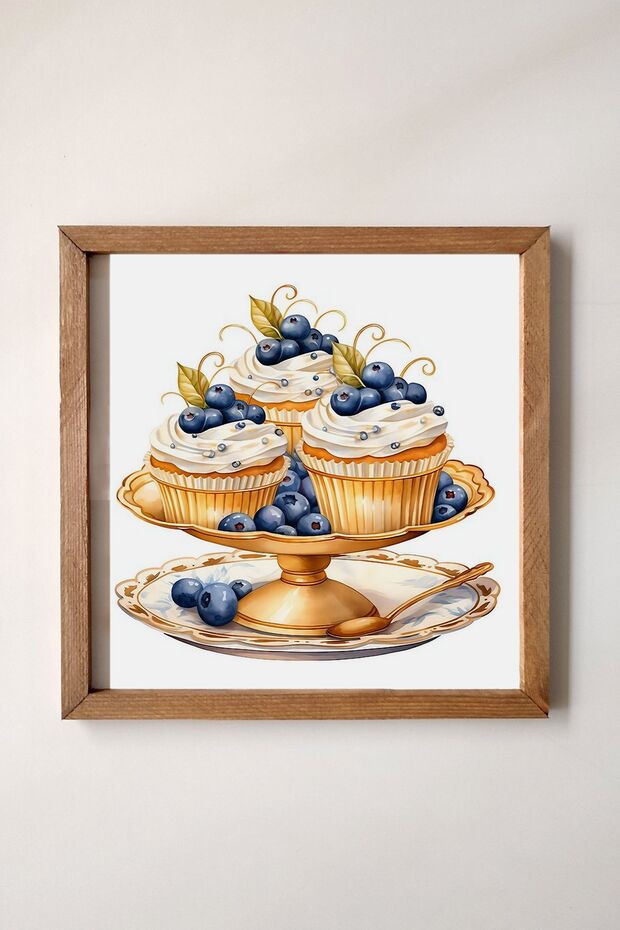 Muffin Painting with Wooden Frame, Watercolor Effect and Gold Detail