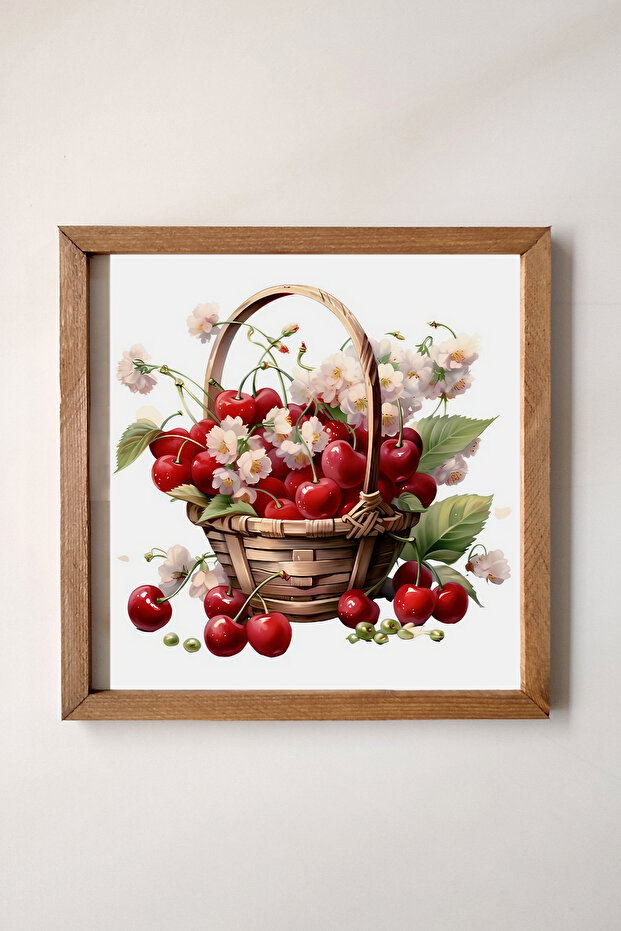 Cherry Basket Painting with Wooden Frame, Watercolor Effect, Cherry Basket Table, Watercolor