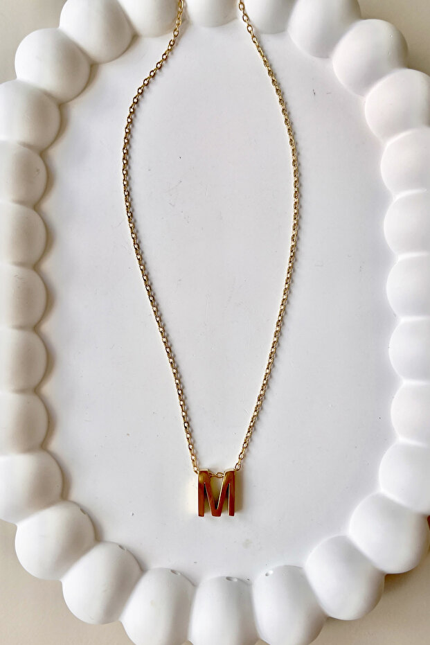 Düz M Harf Çelik Kolye - 1