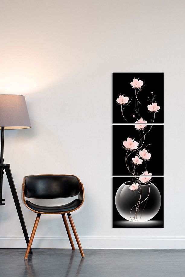 Uzun Saplı Pembe Lotus Çiçekleri 3 Parça Mdf Tablo - 2