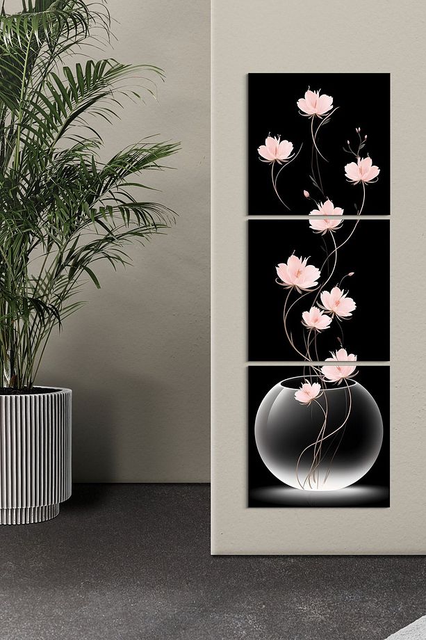 Uzun Saplı Pembe Lotus Çiçekleri 3 Parça Mdf Tablo - 1