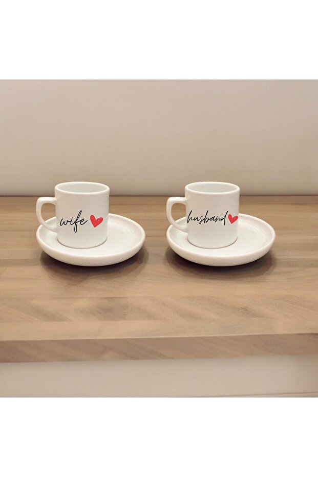 Custom Designed Double Coffee Cup Set with Wife/Husband Engraving, 4 Pieces
