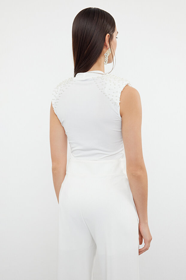 Beyaz İnci Aksesuarlı Örme Body TPRSS24BD00025 - 5
