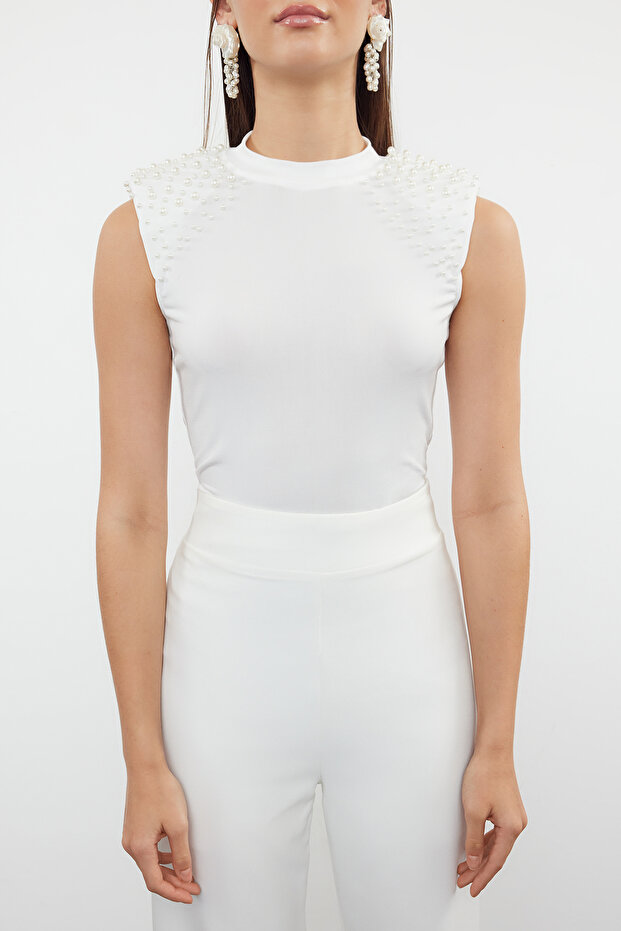 Beyaz İnci Aksesuarlı Örme Body TPRSS24BD00025 - 3