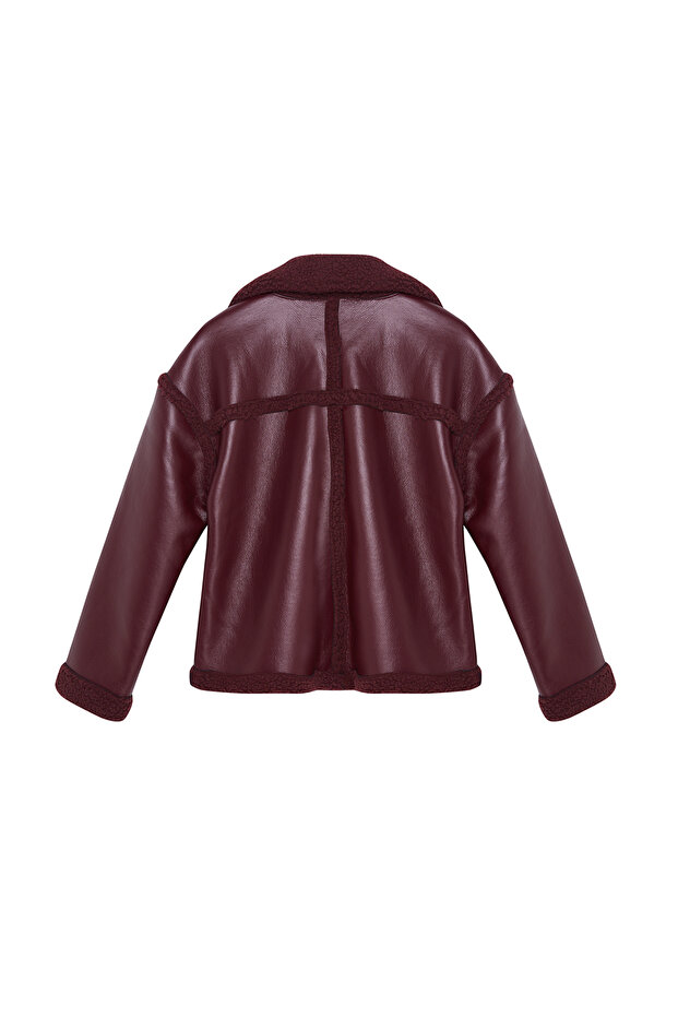 Bordo Peluş Detaylı Suni Deri Biker Ceket Mont TWOAW25MO00066 - 17