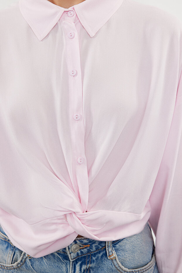 Pembe Düğüm Detaylı Crop Dokuma Bluz TWOSS23BZ00442 - 4