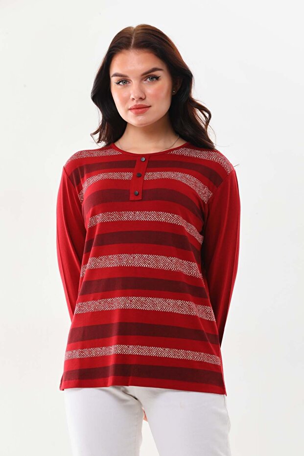 Women's Patterned Crew Neck Long Sleeve Blouse 23596 Claret Red