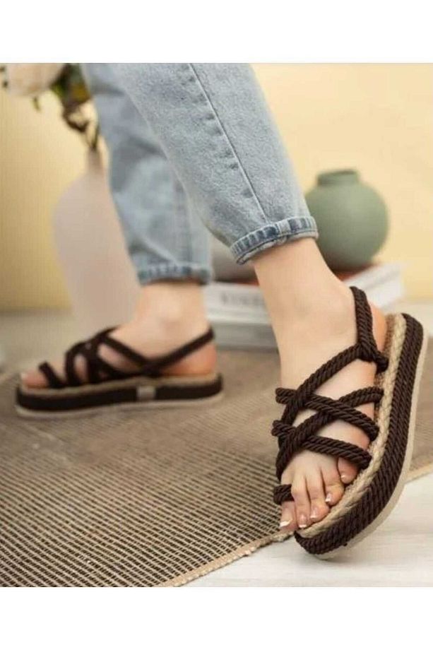 Unisex Kahve Halat Ipli Yüksek Taban Hasır Sandalet - 3