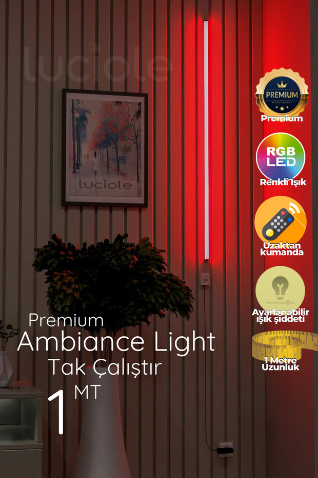 Köşe Led Abajur Aplik Gece Lambası Yatak Üstü Çok Özellikli 16 Renkli 4 Animasyonlu Açık Kırmızı - 1