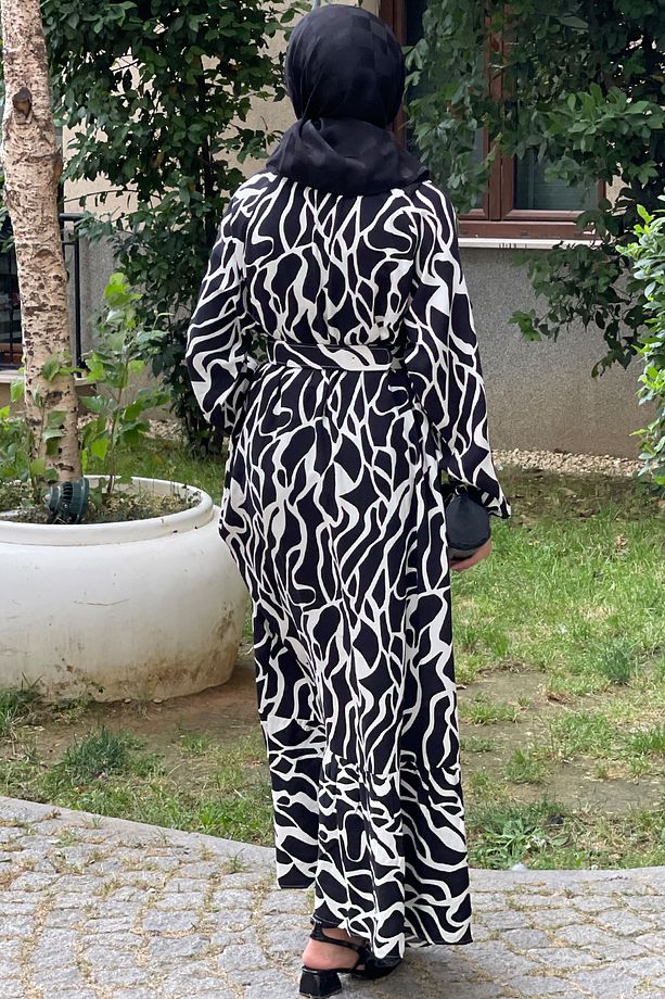 Kadın Mavi Ekru Desenli  Oversize Kemerl Yazlık Viskon Elbise - 3