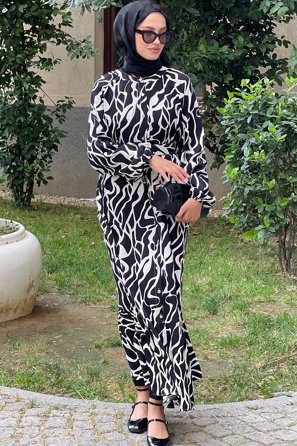 Kadın Mavi Ekru Desenli  Oversize Kemerl Yazlık Viskon Elbise - 2