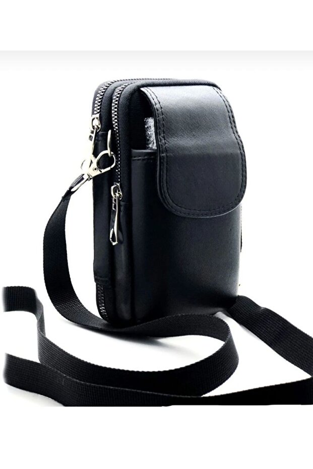 Genuine Leather Black Handbag with Phone Compartment and Crossbody Bag