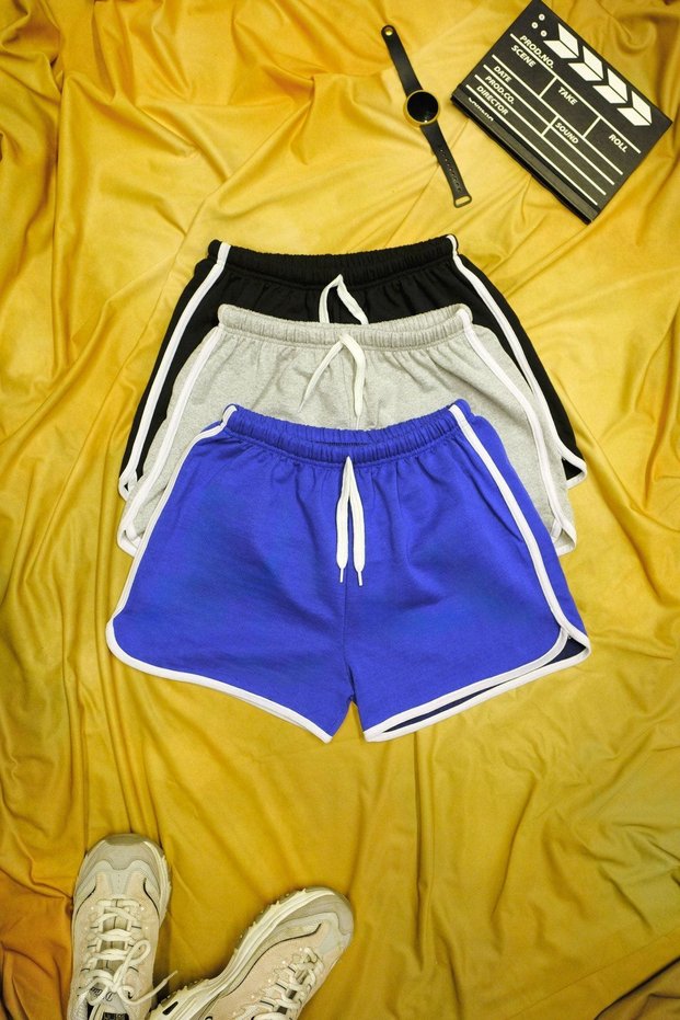 Black Gray Blue Colored White Piping Combed Cotton Slit Drawstring Mini Shorts