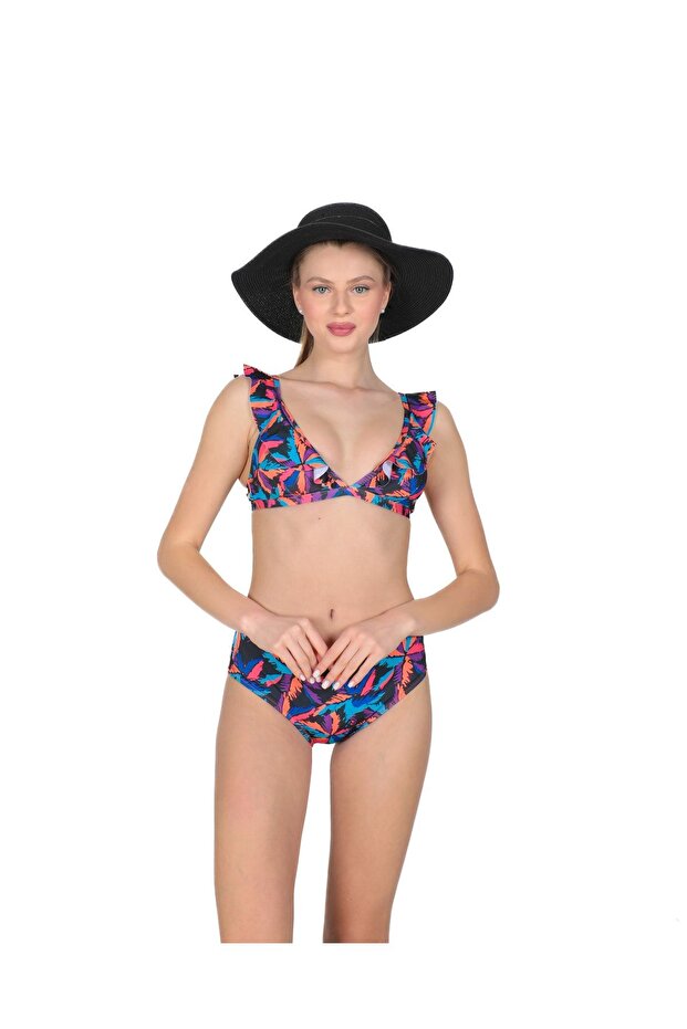 Leaf Patterned Flounce Bikini Set - 3