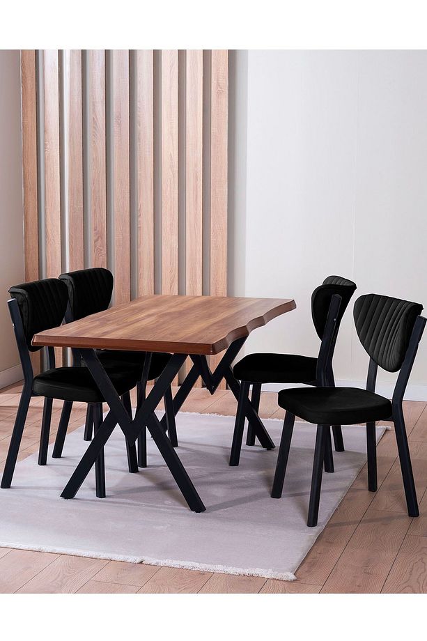 Kütük Desenli MDF Elma Mutfak Masa Takımı 4 Sandalyeli Salon Yemek Masa Takımı - 1