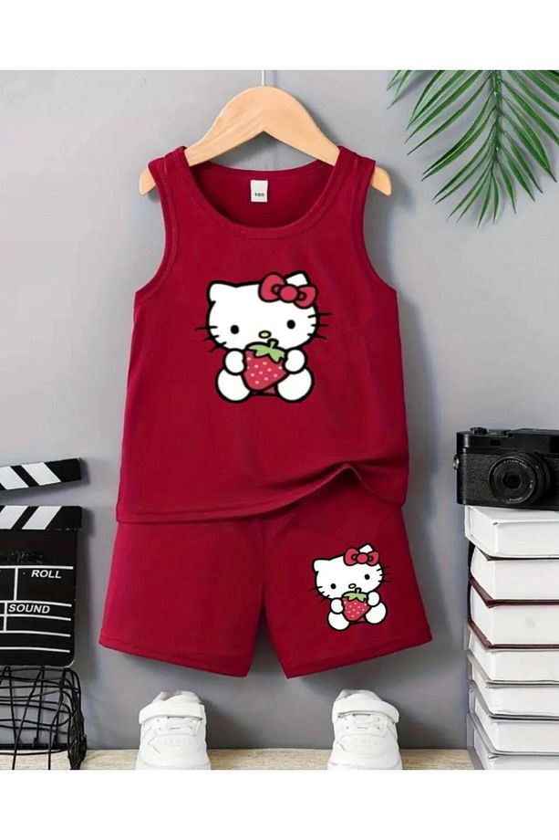 Kız Çocuk Hello Kitty Çilek Baskılı Şort Atlet Takım - 1