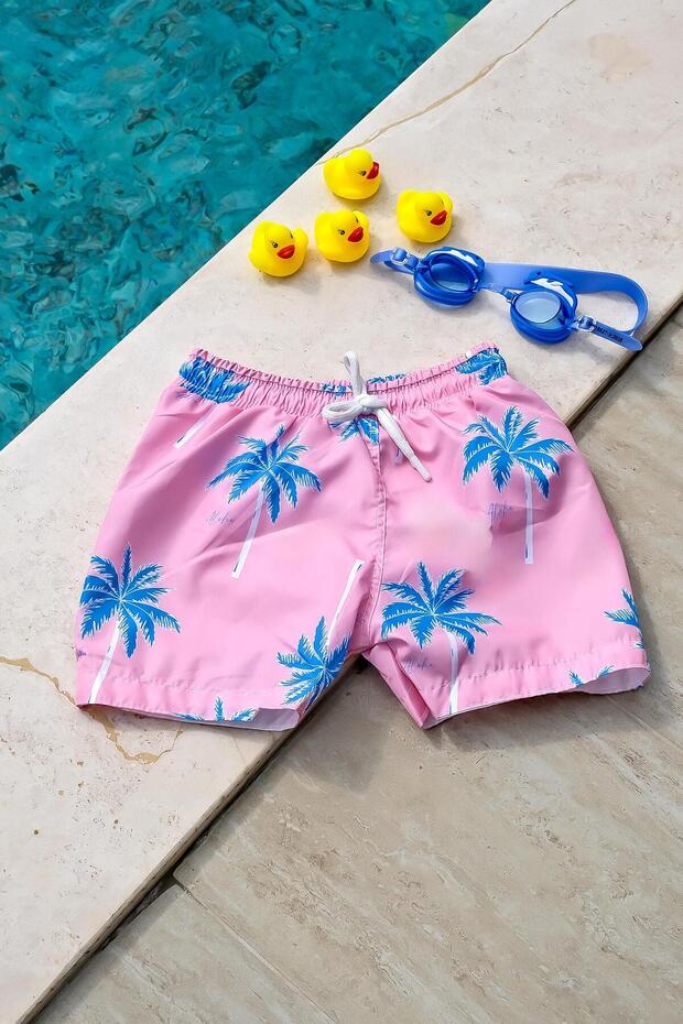 Boy's Palm Tree Patterned Waist Lace Up Swim Shorts