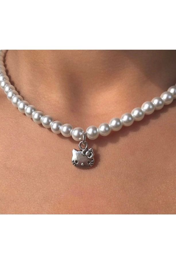Hello Kitty Detay Beyaz Inci Kolye - 2