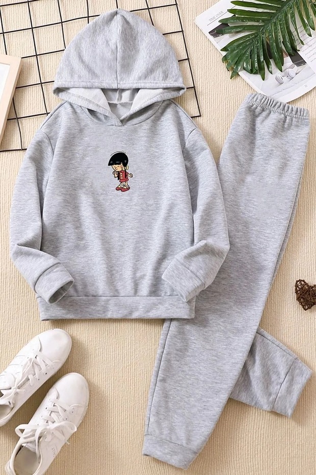 Girls' Chen Grape Cake Printed Tracksuit Set - Hooded Sweatshirt and Jogger Pants Sweatpants