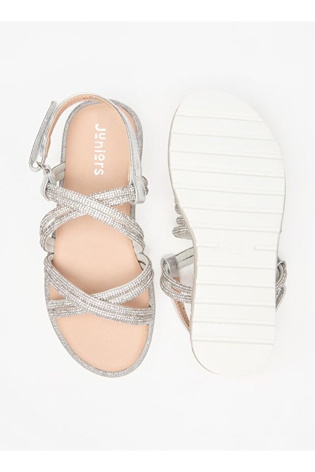 Embellished Cross Strap Sandals with Hook and Loop Closure - 4