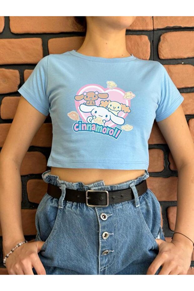 Printed Blue Girls' Cropped T-Shirt (CINNAYAZILIBASKI)