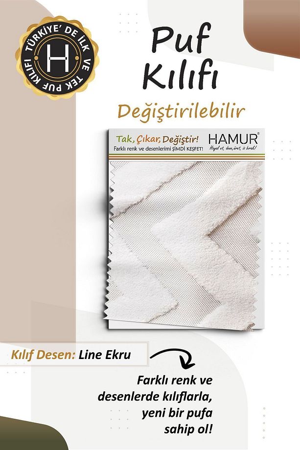 Yıkanabilir Puf Tabure Kılıfı Tak-Çıkar-Değiştir-Yenile Orta Sehpa Kılıfı By Line Ekru - 3