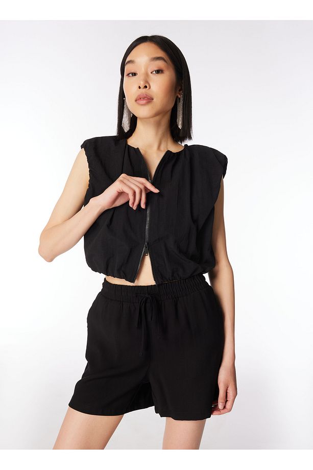 Crop Top Bisiklet Yaka Düz Örgü Desenli Siyah Kadın Gömlek C4SL-GML4003 - 2