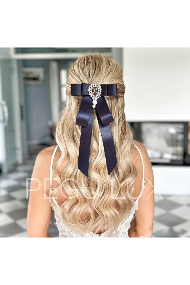 LUX BLACK SATIN RIBBON HAIR CLIP ACCESSORY, ROCKED PEARL SPECIAL DESIGN