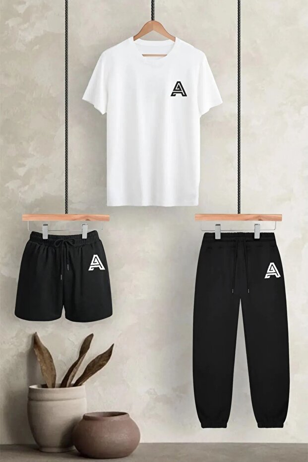3 Pack Printed Tracksuit Set - T-Shirt Shorts Jogger Sweatpants 3 Piece Combination