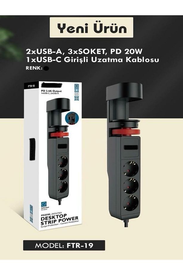 Masa Tutacaklı Akım Korumalı 2xusb-a, 3'lü Priz, Pd 20w 1usb-c Tepe-c Çoklayıcı Tutacaklı Priz - 8