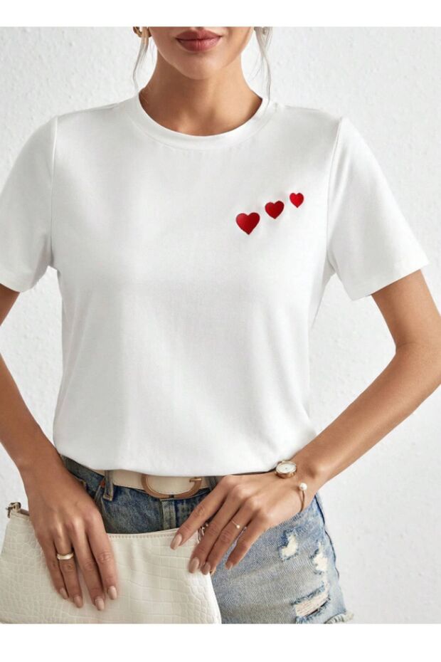 White Red Heart Printed Oversize T-shirt