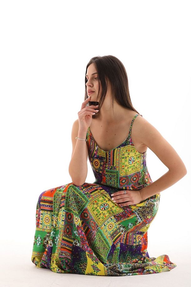 Patchwork Düz Askılı Viskon Elbise - 9