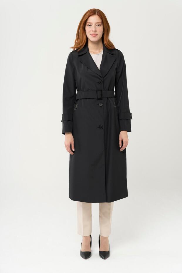 Zipper Pocket Epaulette Detailed Trench Coat Black 4283 - 2