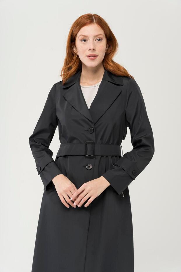 Zipper Pocket Epaulette Detailed Trench Coat Black 4283 - 3