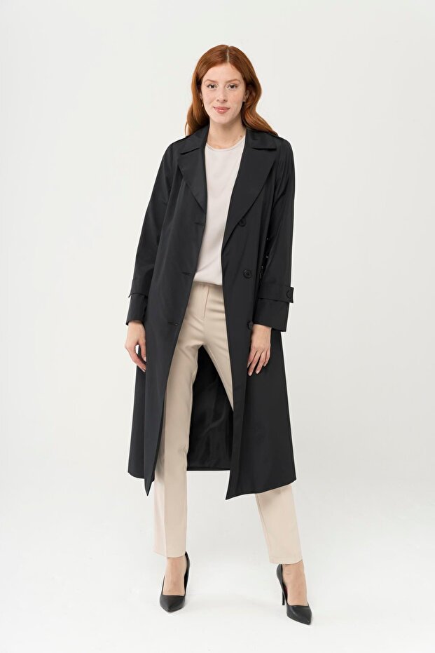 Zipper Pocket Epaulette Detailed Trench Coat Black 4283 - 1